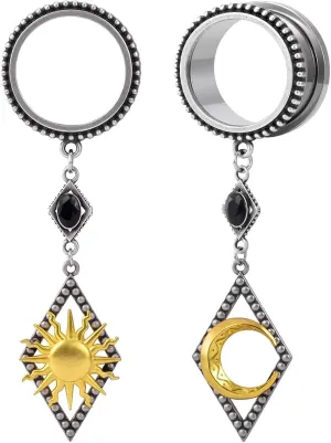 1 Pair Retro Dangle Ear Gauges Piercing Jewelry Stainless Steel Rhombic Inlaid Animals Ear Hangers Plugs Tunnels Women mens Ear Stretchers Earrings Expander.