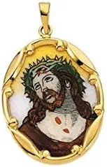 14K Yellow Gold 25x19.5 mm Face of Jesus Hand-Painted Porcelain Medal Hand Painted Face of Jesus Porcelain Pendant (Ecce Homo)