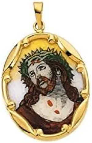 14K Yellow Gold 25x19.5 mm Face of Jesus Hand-Painted Porcelain Medal Hand Painted Face of Jesus Porcelain Pendant (Ecce Homo)