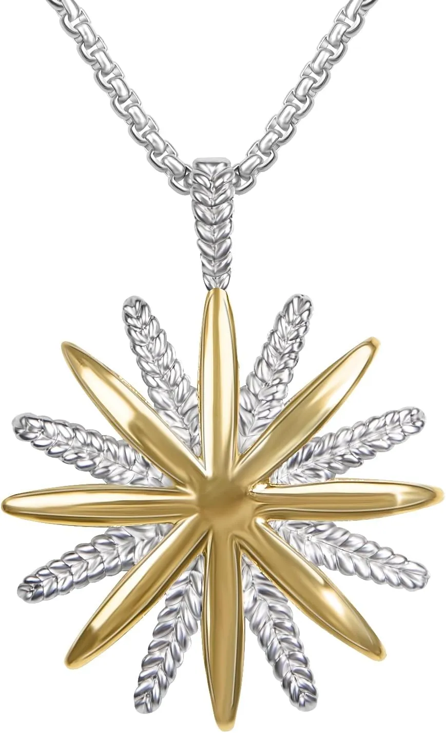 18K Gold Plated Necklace Designer Jewelry Two Tone Wheat Chain Starburst Sunflower Pendant Necklace with Stainless Steel Box Chain