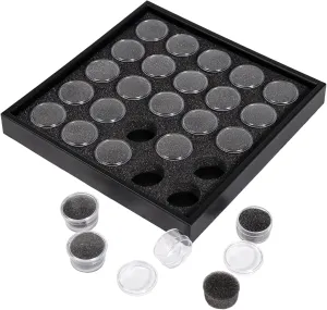 25 Gem Display Case Diamond Gemstone Storage Box, Small Round Plastic Containers Box Jewelry Organizer Container with Foam, Black Foam Gem Jars Showcase with 50 Gemstones Storage Jar