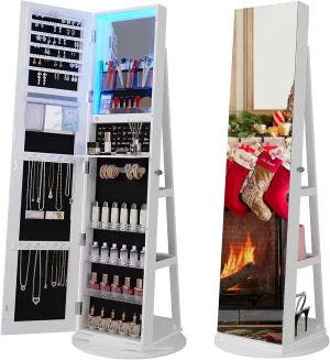 360 Rotating Jewelry Armoire with LED Lights, 63" H Full Length Mirror with Jewelry Storage, Standing Jewelry Cabinet with Door Mirror, Jewelry Organizers for Christmas Gift (White)