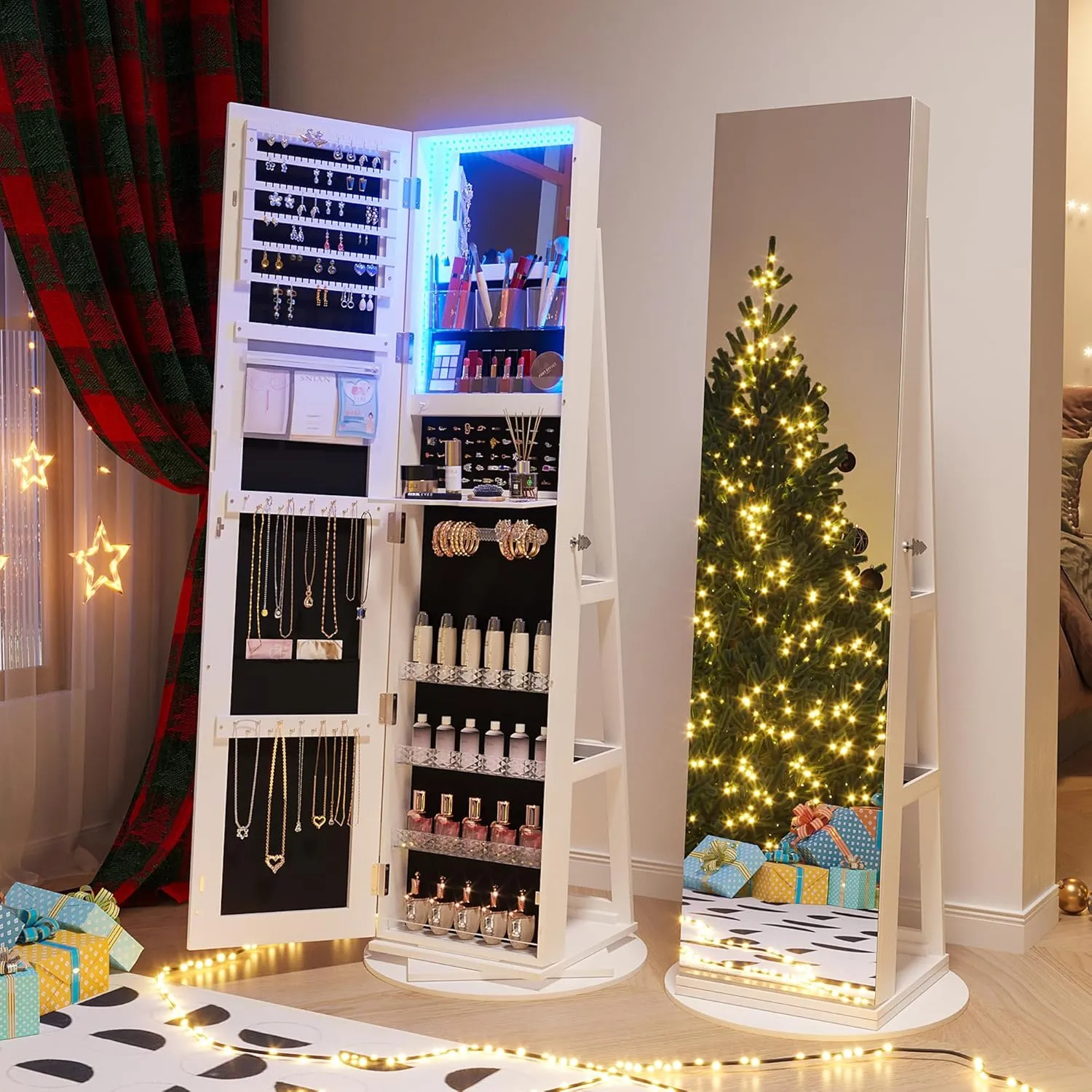 360 Rotating Jewelry Armoire with LED Lights, 63" H Full Length Mirror with Jewelry Storage, Standing Jewelry Cabinet with Door Mirror, Jewelry Organizers for Christmas Gift (White)