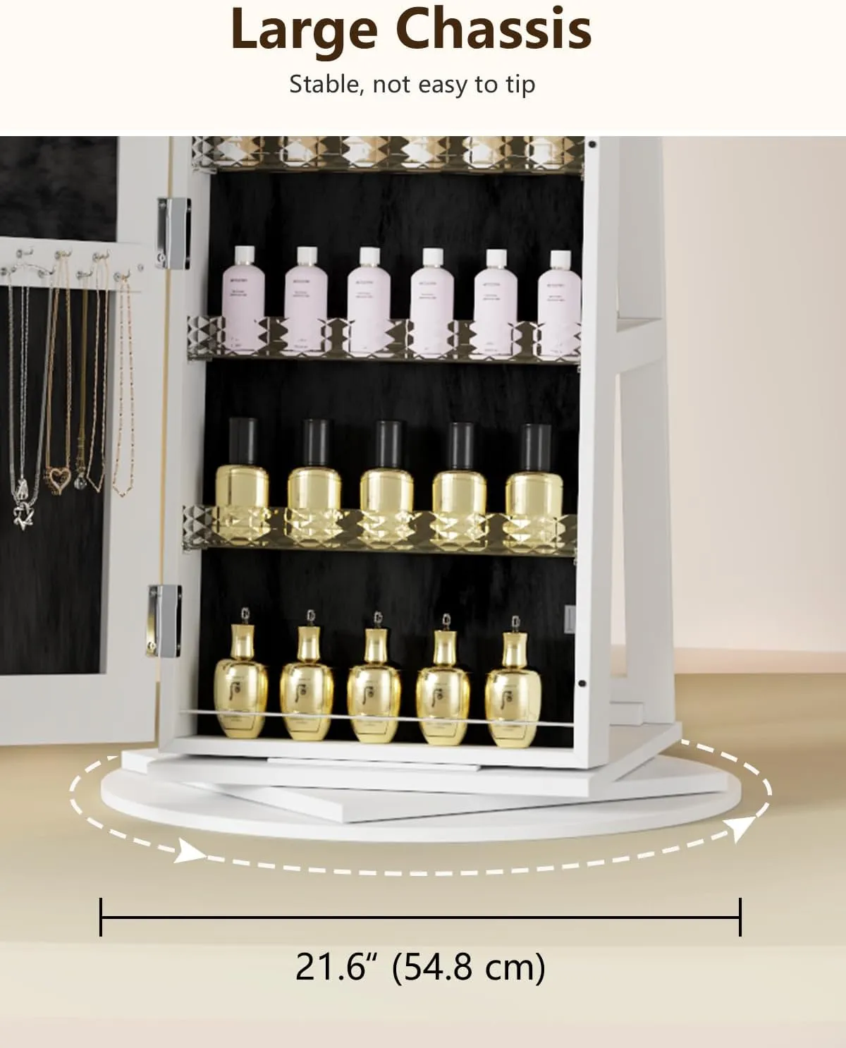 360 Rotating Jewelry Armoire with LED Lights, 63" H Full Length Mirror with Jewelry Storage, Standing Jewelry Cabinet with Door Mirror, Jewelry Organizers for Christmas Gift (White)