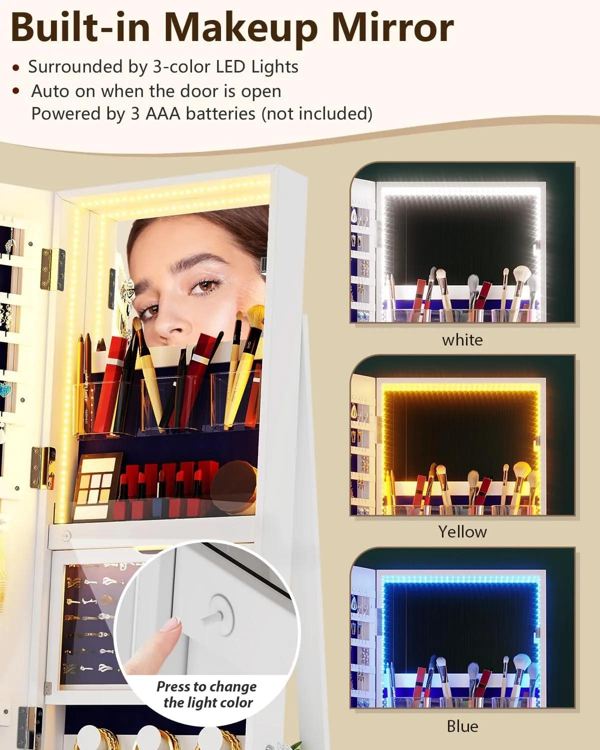 360 Rotating Jewelry Armoire with LED Lights, 63" H Full Length Mirror with Jewelry Storage, Standing Jewelry Cabinet with Door Mirror, Jewelry Organizers for Christmas Gift (White)