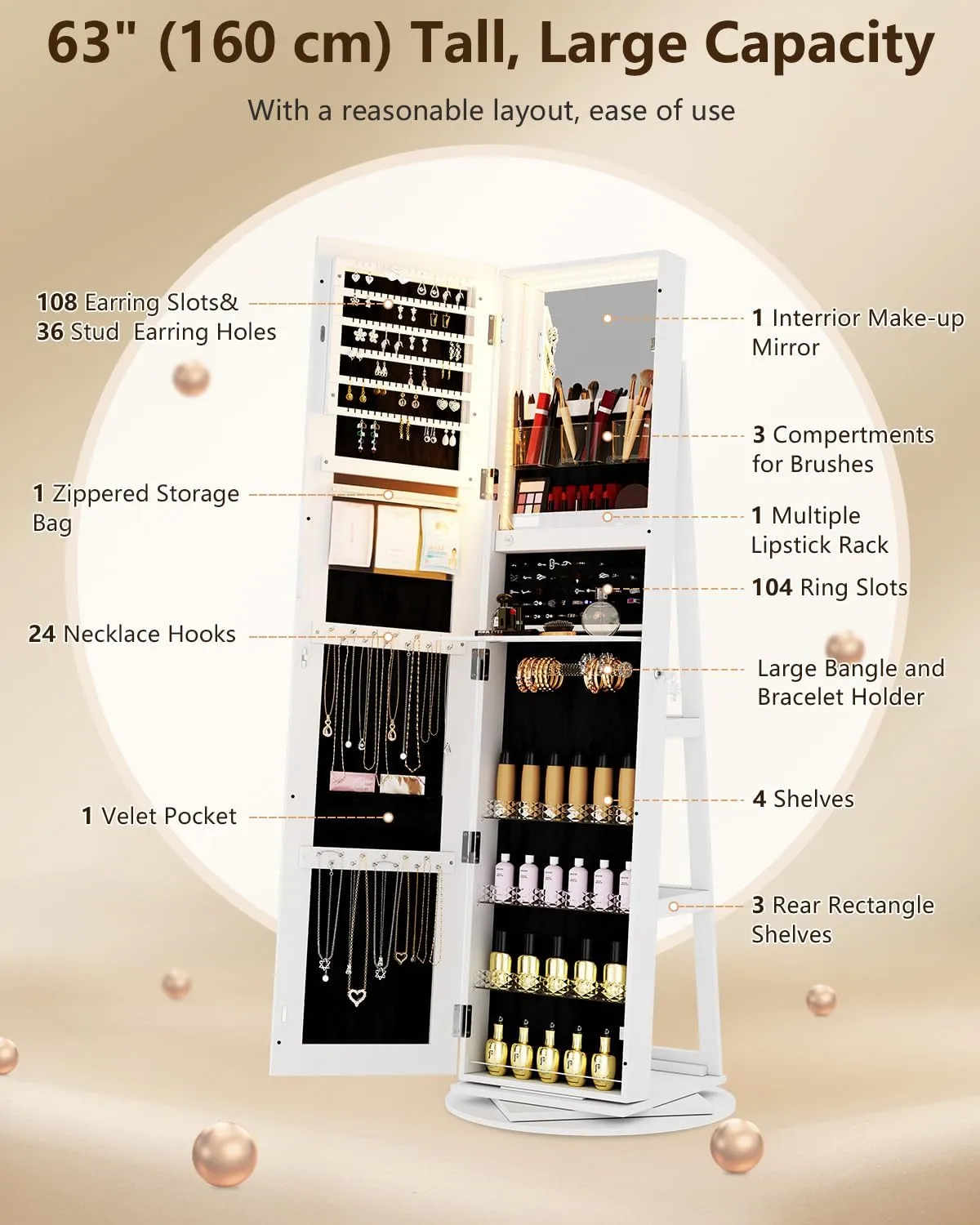 360 Rotating Jewelry Armoire with LED Lights, 63" H Full Length Mirror with Jewelry Storage, Standing Jewelry Cabinet with Door Mirror, Jewelry Organizers for Christmas Gift (White)