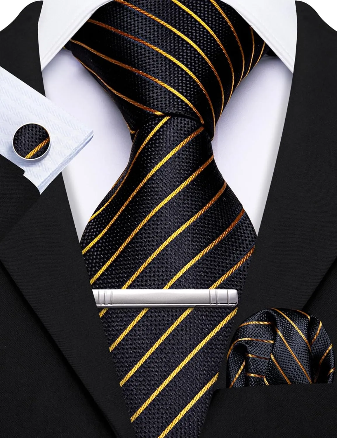 Barry.Wang Designer Mens Tie Sets Collection, Eleagnt Gift Box Tie Clips Handkerchief Cufflink Set