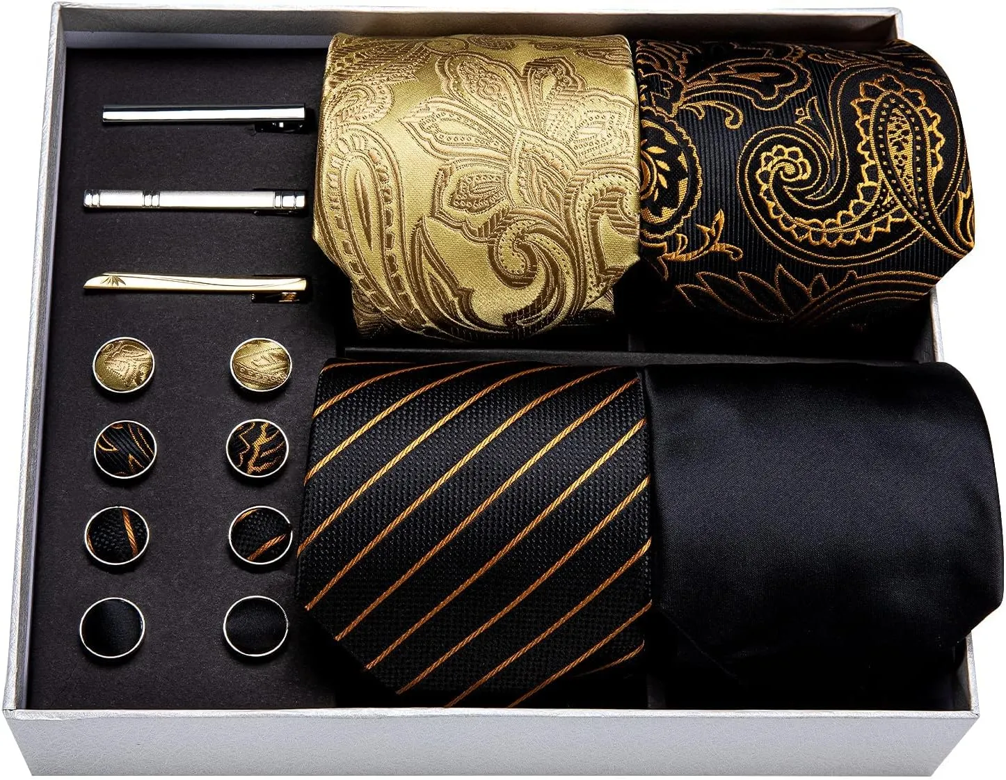 Barry.Wang Designer Mens Tie Sets Collection, Eleagnt Gift Box Tie Clips Handkerchief Cufflink Set