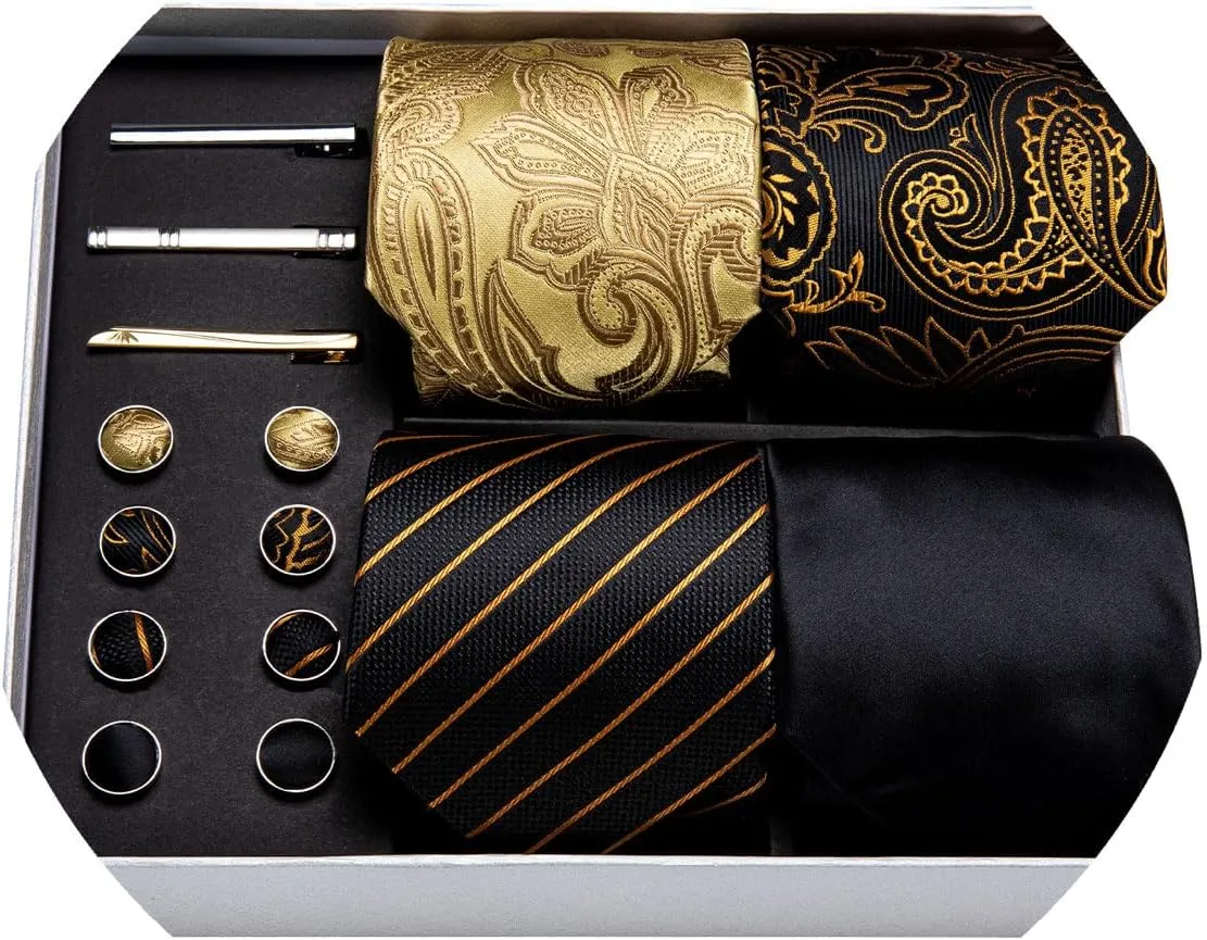 Barry.Wang Designer Mens Tie Sets Collection, Eleagnt Gift Box Tie Clips Handkerchief Cufflink Set