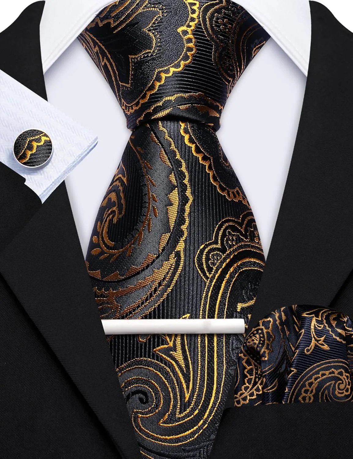 Barry.Wang Designer Mens Tie Sets Collection, Eleagnt Gift Box Tie Clips Handkerchief Cufflink Set