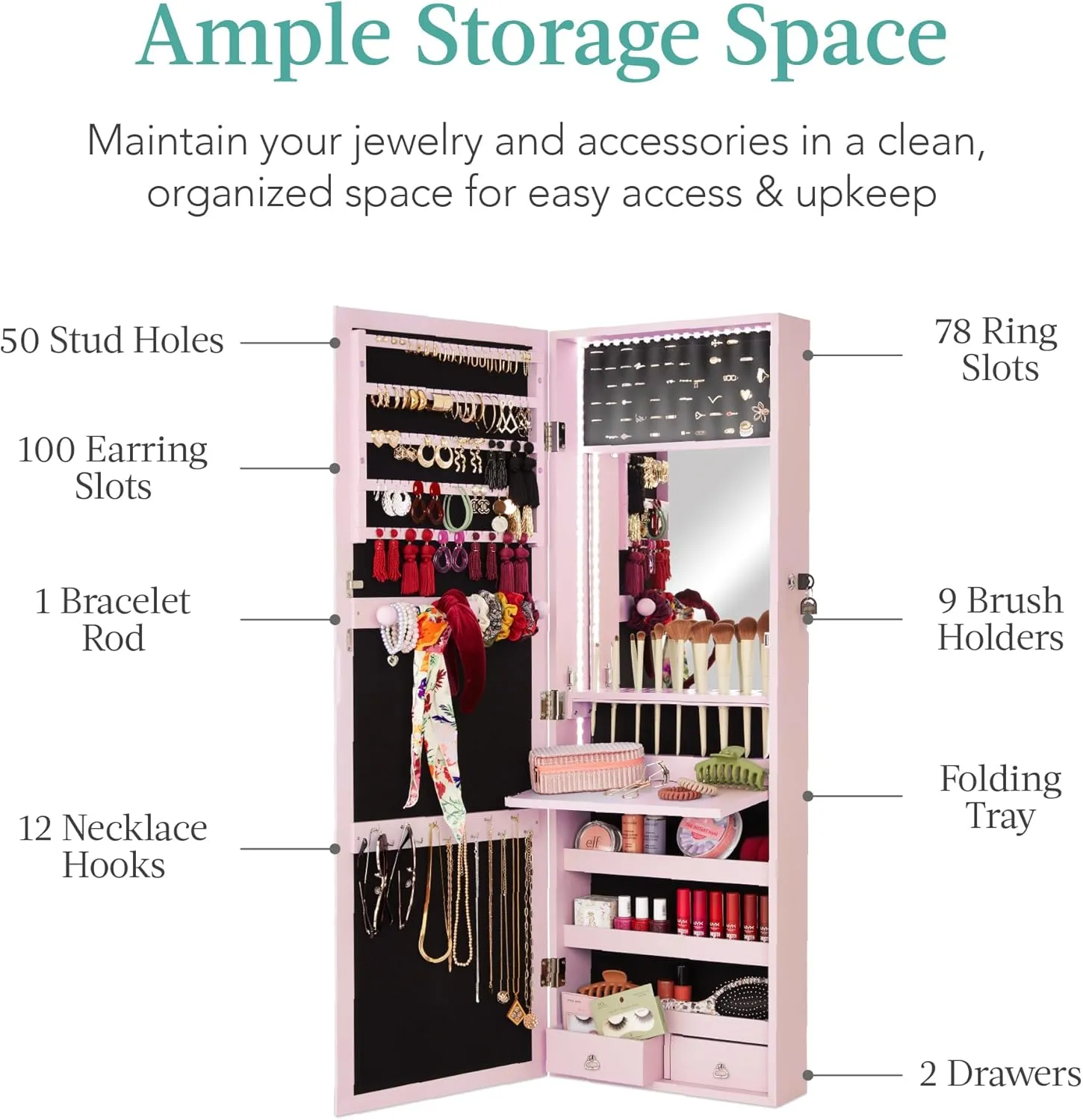 Best Choice Products LED Mirror Jewelry Cabinet, Tall Lockable Wall or Door Mounted Jewelry Armoire Organizer with Mirror, 2 Drawers, Lock, Cosmetic Tray, Shelves - Dusty Pink