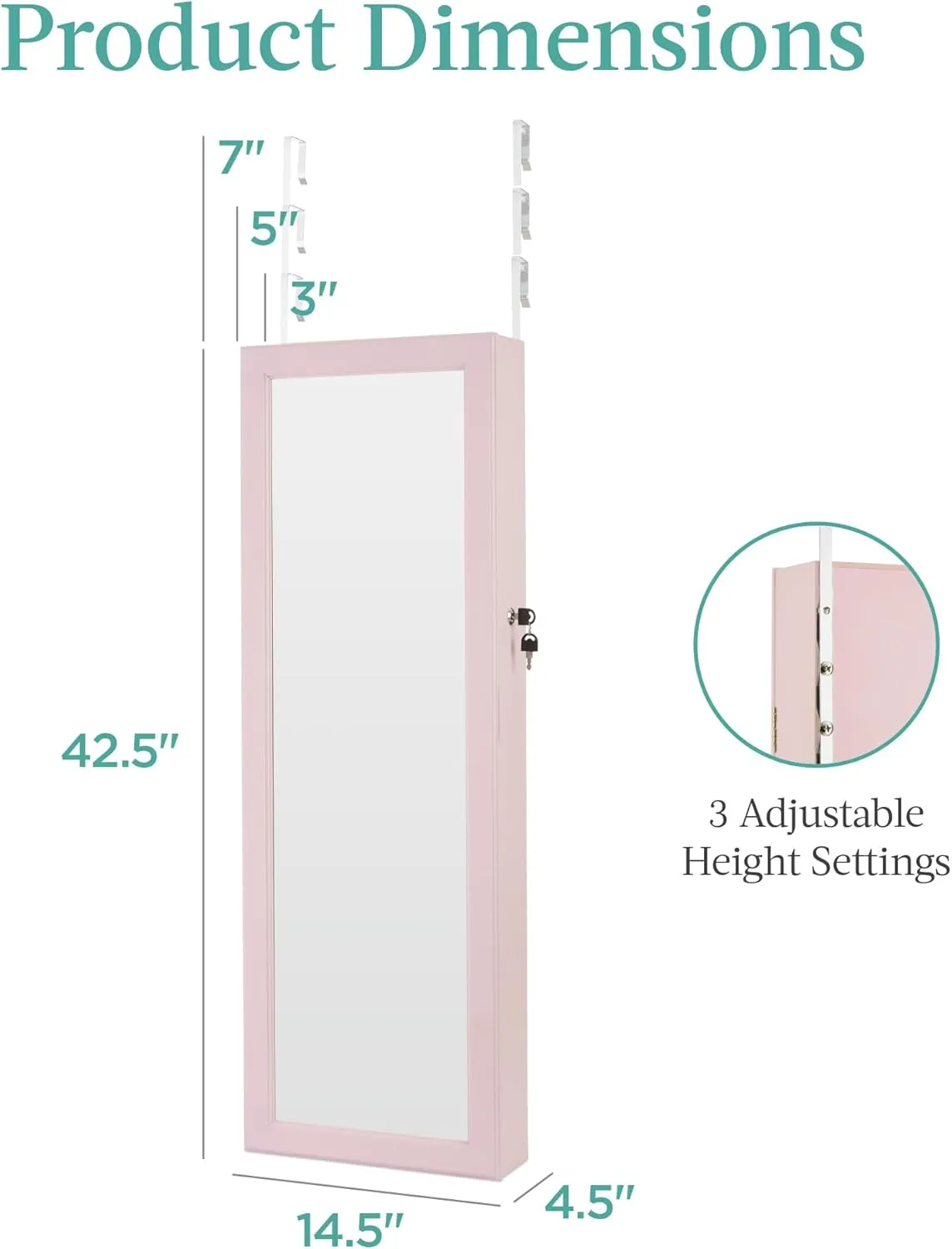 Best Choice Products LED Mirror Jewelry Cabinet, Tall Lockable Wall or Door Mounted Jewelry Armoire Organizer with Mirror, 2 Drawers, Lock, Cosmetic Tray, Shelves - Dusty Pink