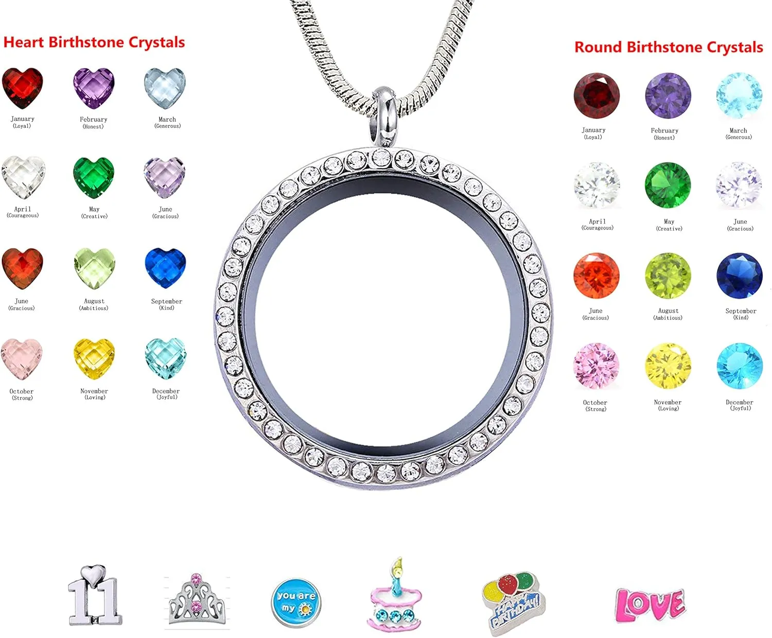 Birthday Gifts for Her, Floating Living Memory Locket Necklace Pendant with Charms & Birthstones for 6th 7th 8th 9th 10th 11th 12th 13th 14th 15th Sweet 16 18th 21st 30th