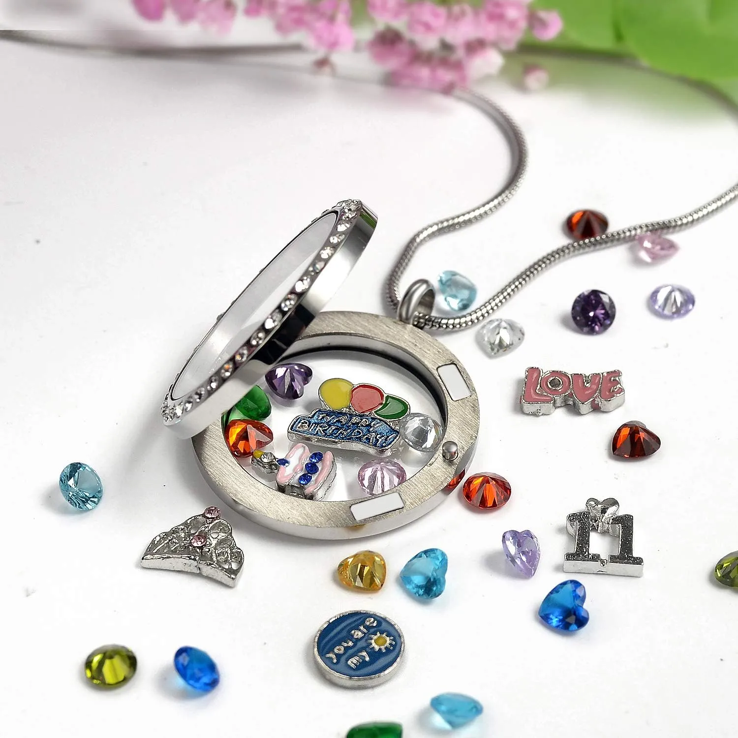 Birthday Gifts for Her, Floating Living Memory Locket Necklace Pendant with Charms & Birthstones for 6th 7th 8th 9th 10th 11th 12th 13th 14th 15th Sweet 16 18th 21st 30th
