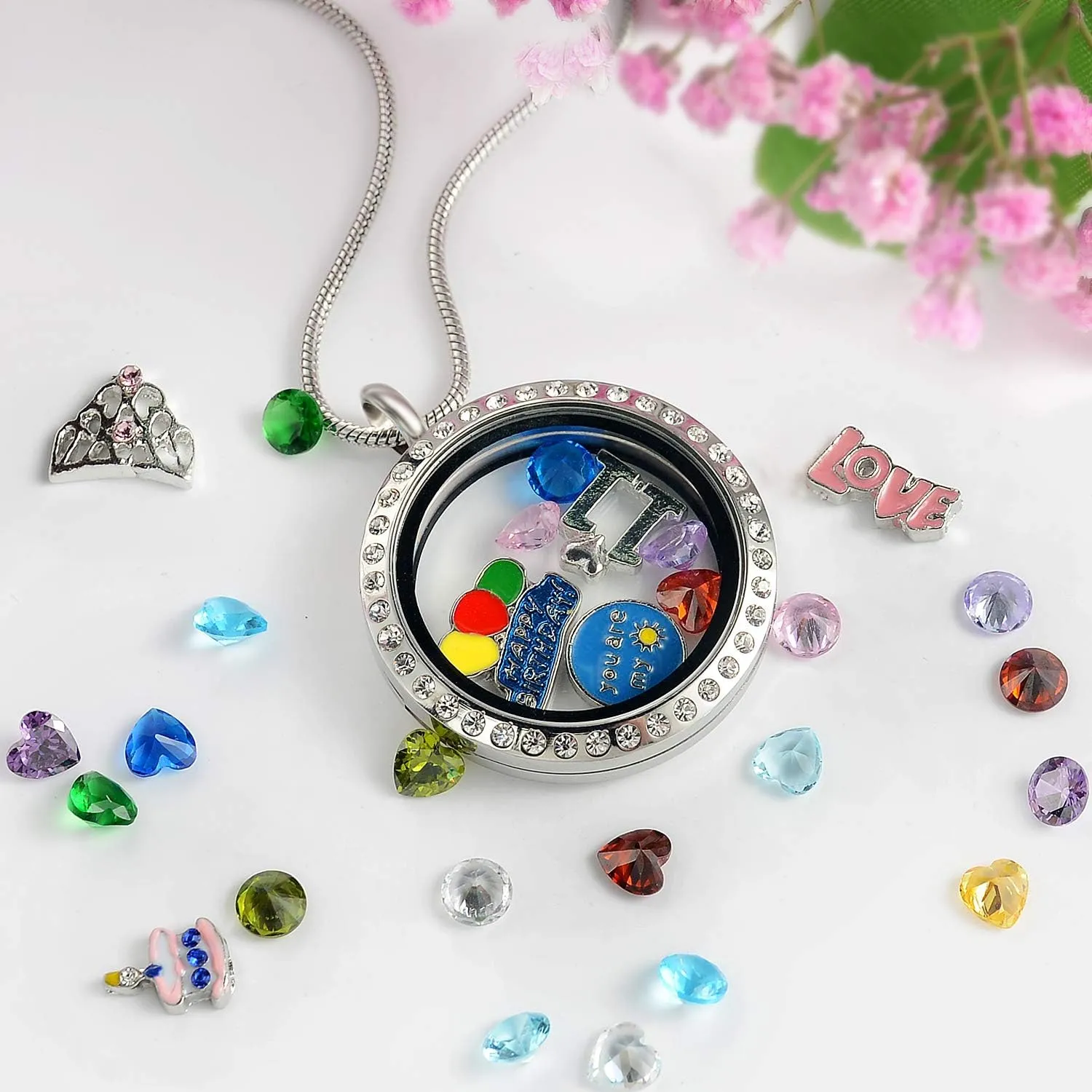 Birthday Gifts for Her, Floating Living Memory Locket Necklace Pendant with Charms & Birthstones for 6th 7th 8th 9th 10th 11th 12th 13th 14th 15th Sweet 16 18th 21st 30th