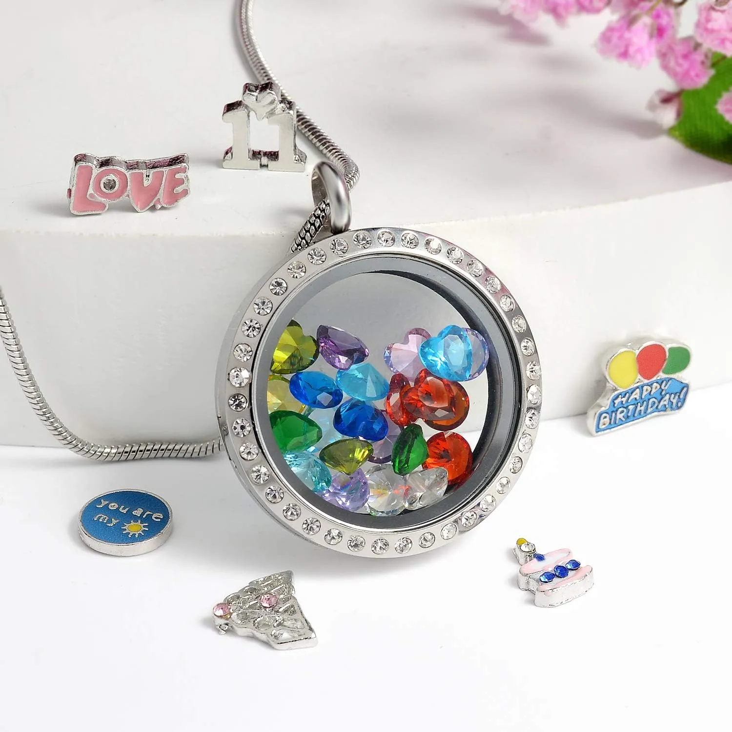 Birthday Gifts for Her, Floating Living Memory Locket Necklace Pendant with Charms & Birthstones for 6th 7th 8th 9th 10th 11th 12th 13th 14th 15th Sweet 16 18th 21st 30th