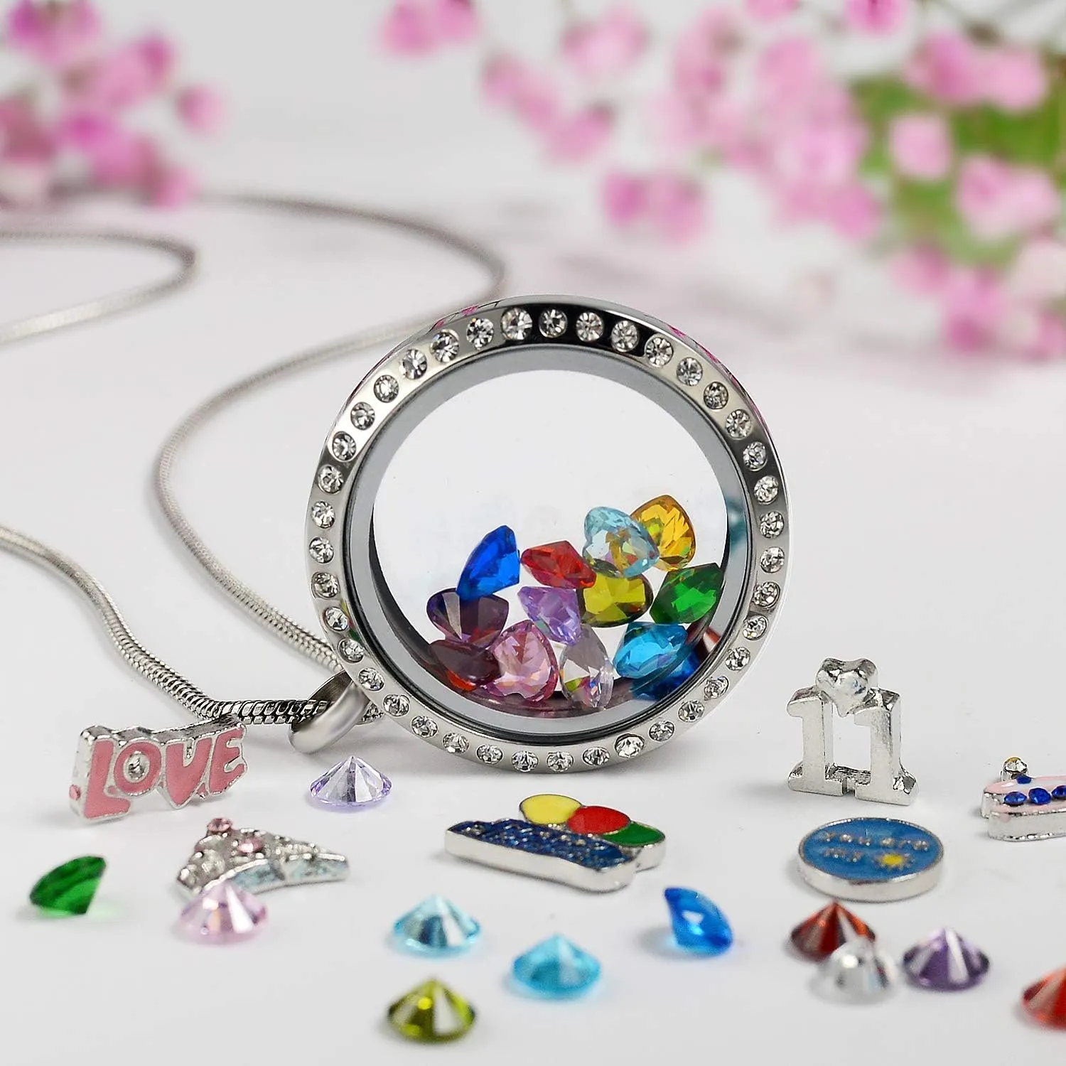 Birthday Gifts for Her, Floating Living Memory Locket Necklace Pendant with Charms & Birthstones for 6th 7th 8th 9th 10th 11th 12th 13th 14th 15th Sweet 16 18th 21st 30th