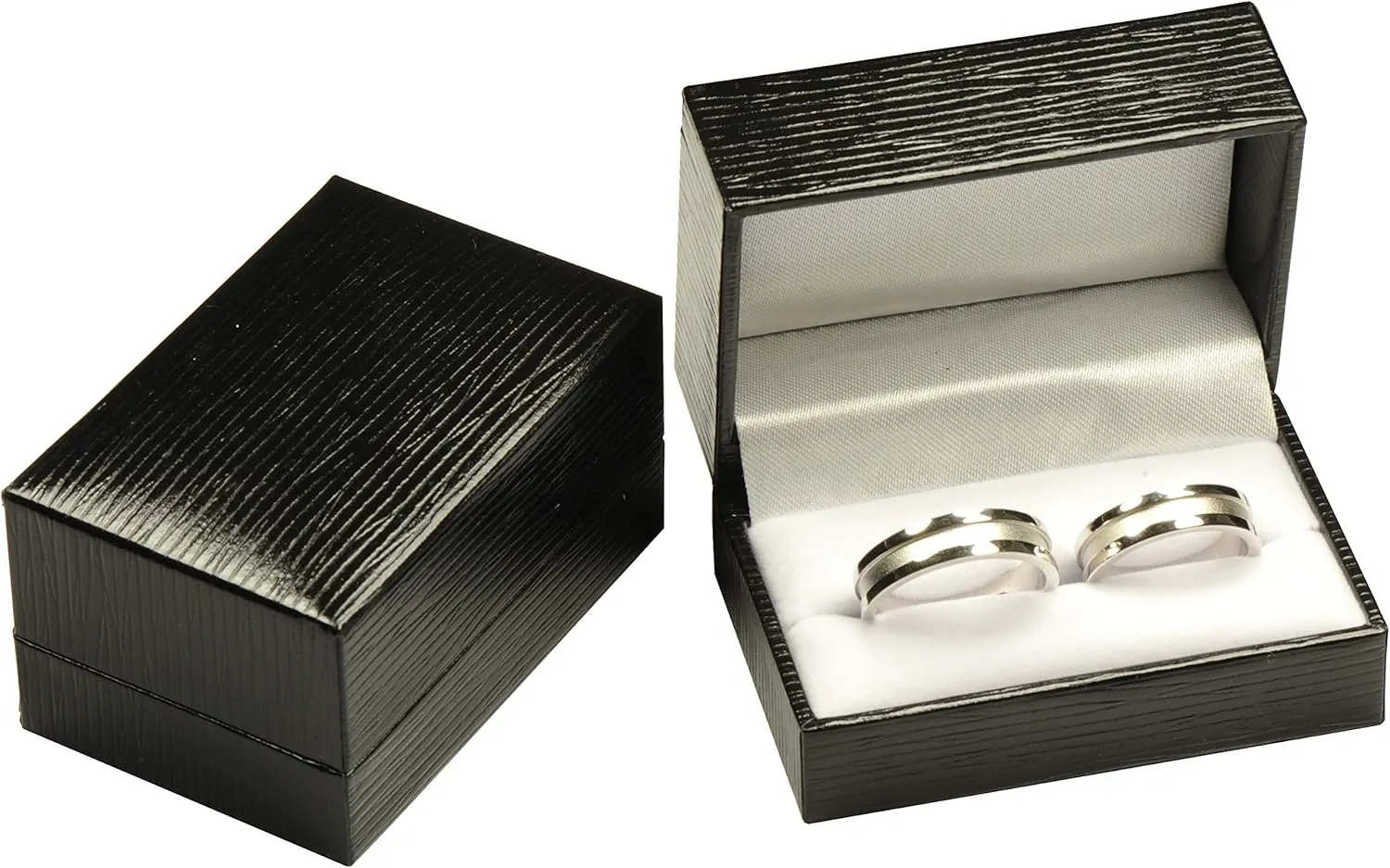 Black Double Ring Box Luxury Textured Leatherette Exterior and Satin Top Material Black Couple Ring Jewelry Gift Holder Box for Wedding, Proposal, Engagement, Birthday, Valentine' Day, Mother's Day, Father'day, Christmas...Size 3(W)*2(D)*1.6(H)
