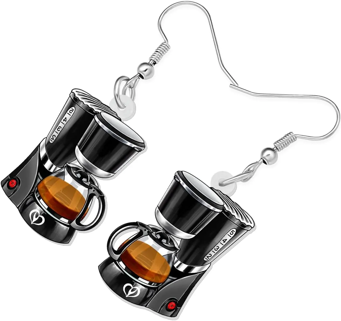 BONSNY Acrylic Dangling Novelty Fun Black Coffee Machine Earrings Hypoallergenic Designer Jewelry Gifts For Women