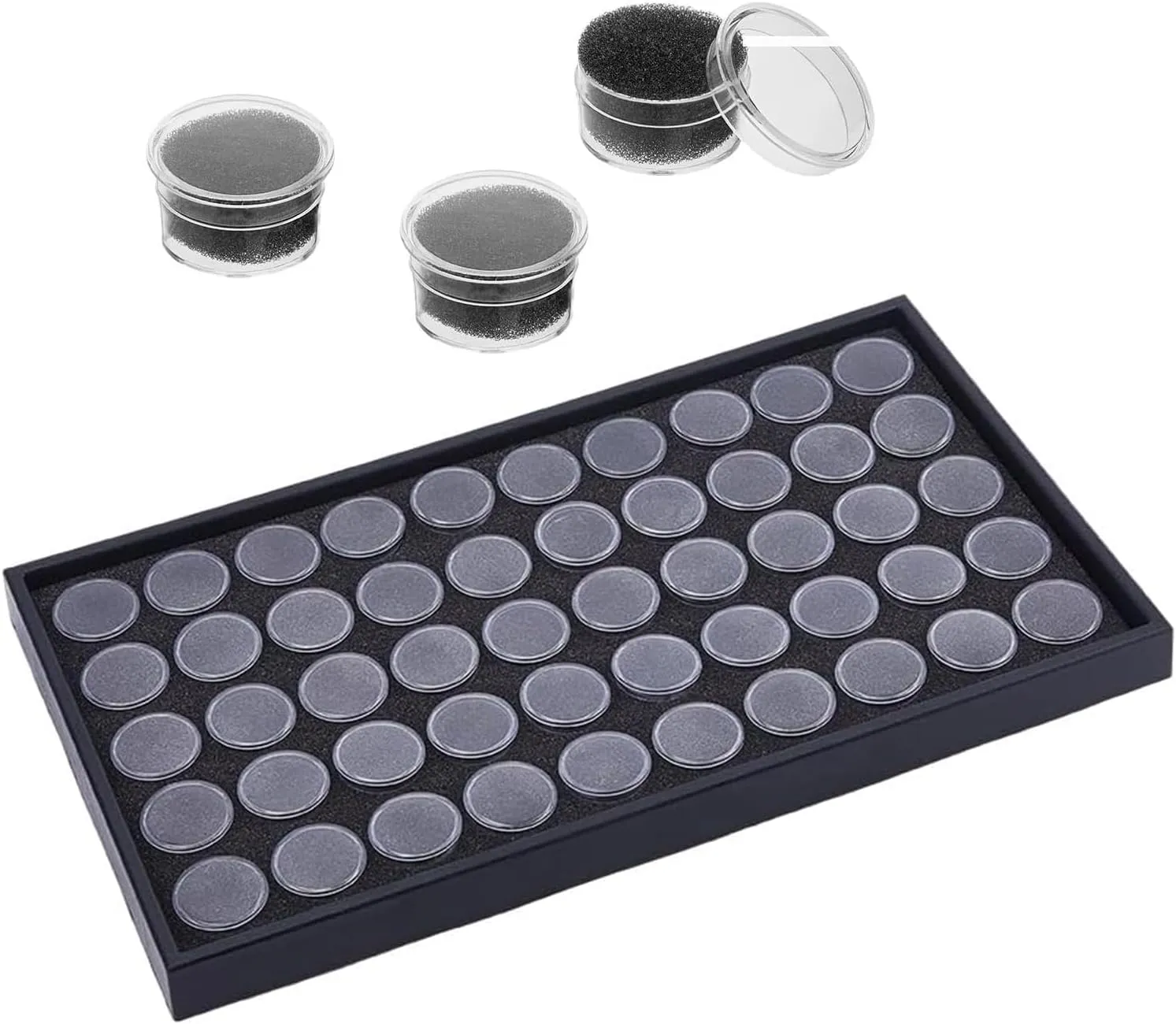 BRT Bearingshui 50 Gem Display Case Diamond Gemstone Storage Box, Small Round Plastic Containers Box Jewelry Organizer Container with Foam, Black Foam Gem Jars Showcase with 50 Gemstones Storage Jar