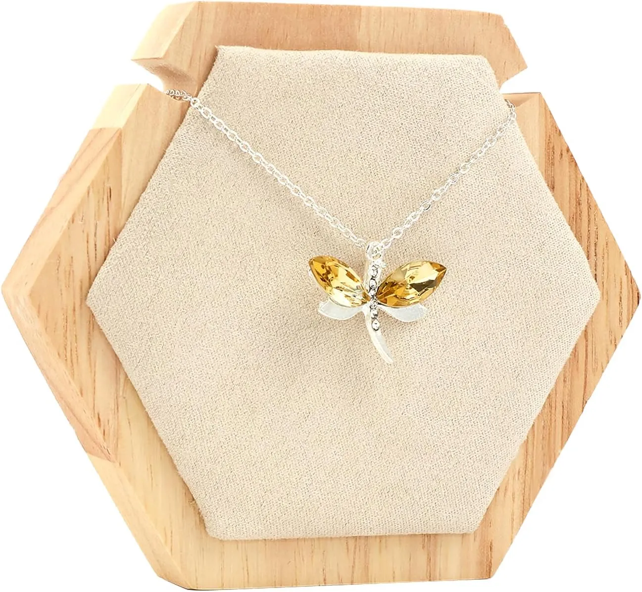 CHGCRAFT Hexagon Wooden Single Necklace Displays Stands Tabletop Pendant Necklace Display Holder with Cornsilk Velvet and Iron Hooks for Long Necklace Retail Jewelry Easel Display, 4.45x3.88x0.75inch