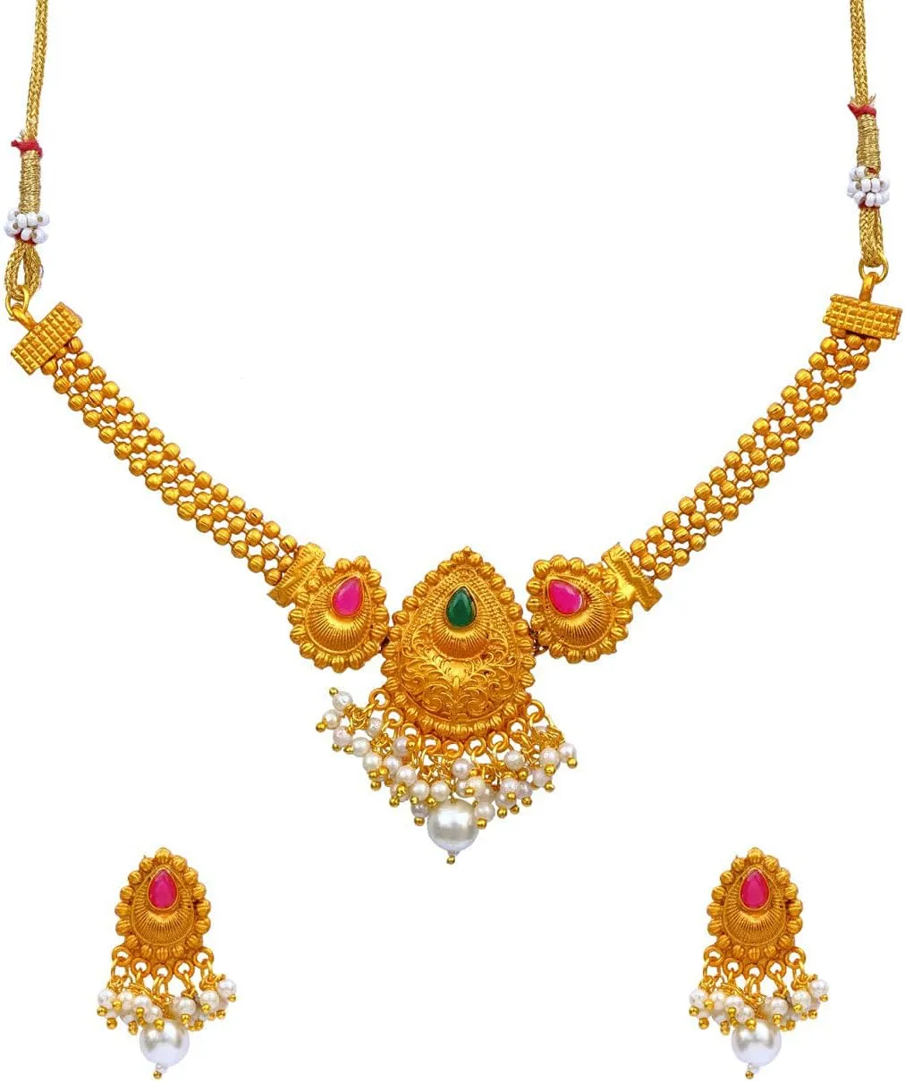 Crunchy Fashion Bollywood Traditional Indian Wedding Gold Plated Choker Necklace Set with earrings for women