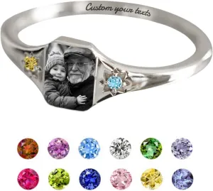 Custom Photo Ring 925 Sterling Silver Personalized Birthstone Rings for Women Customized Picture Ring Memorial Jewelry Promise Rings for Her Women Lover