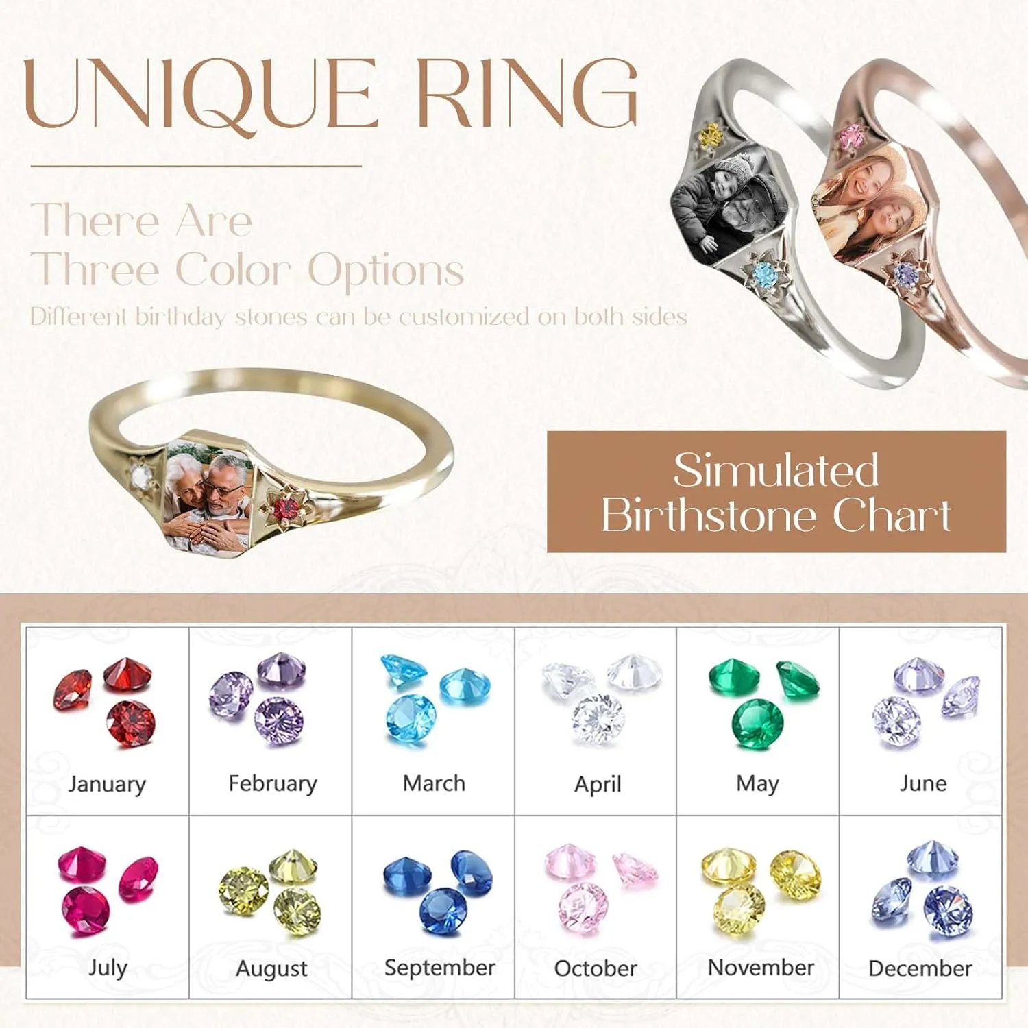 Custom Photo Ring 925 Sterling Silver Personalized Birthstone Rings for Women Customized Picture Ring Memorial Jewelry Promise Rings for Her Women Lover