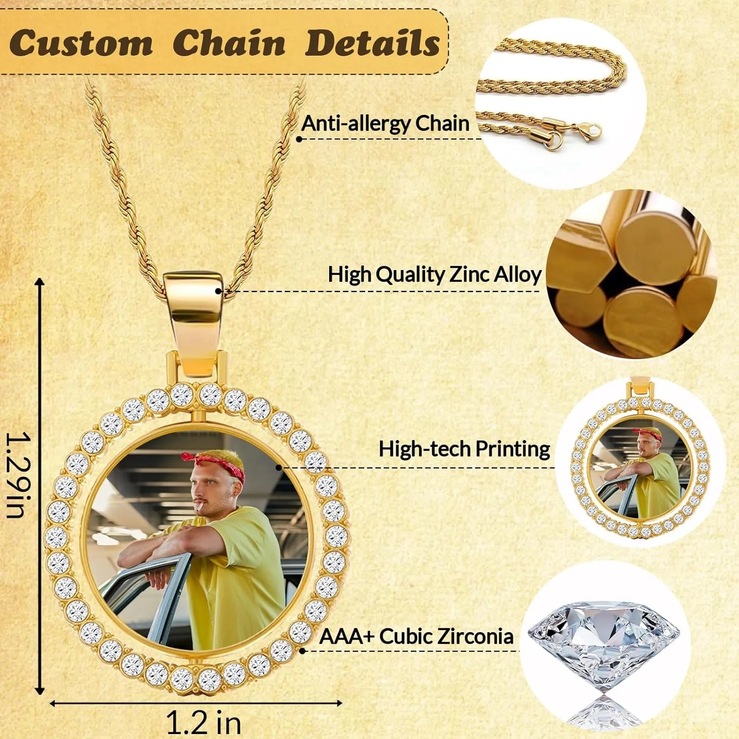 Custom Picture Necklace Personalized Photo, Customized Double Sided Hip Hop Chain with Picture Pendant, Personalized Memorial Gift for Dad Men Women