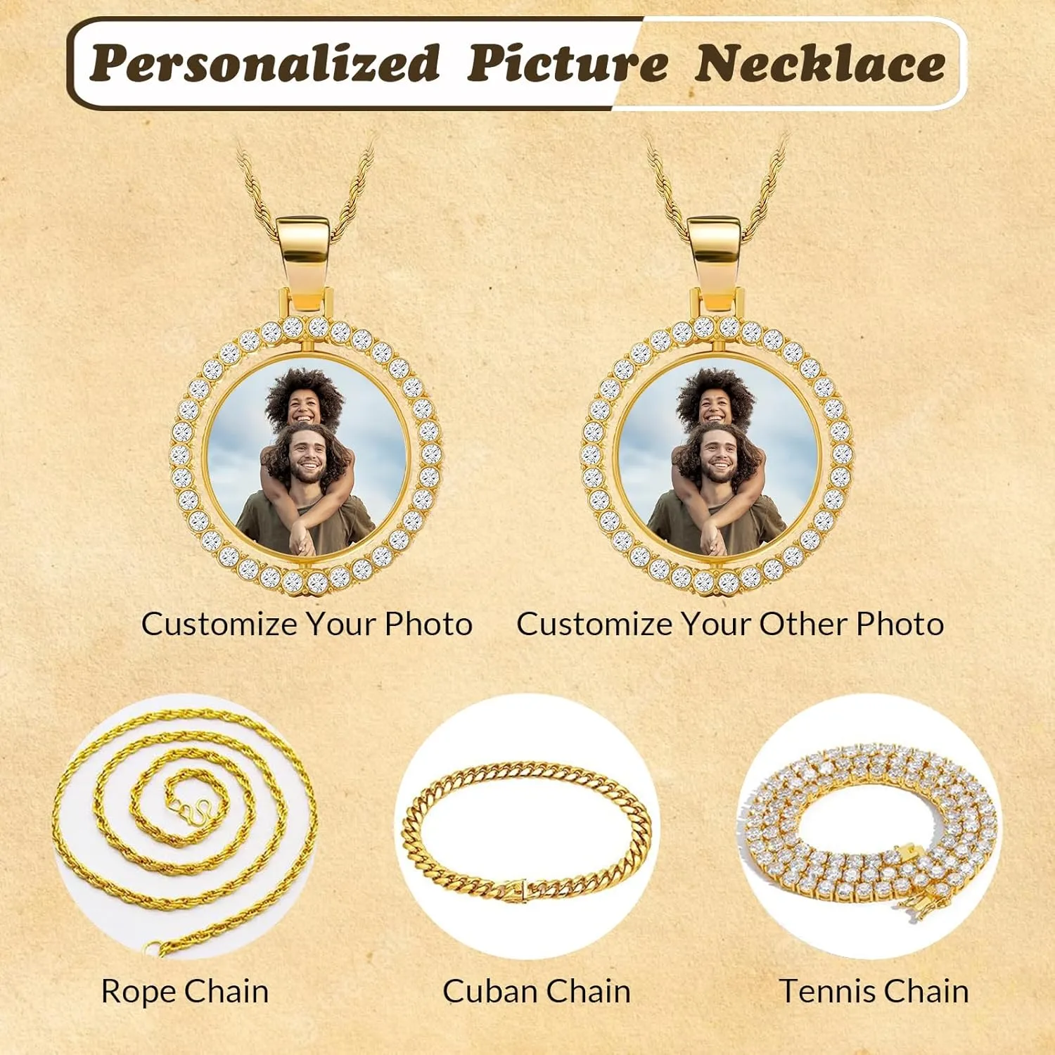 Custom Picture Necklace Personalized Photo, Customized Double Sided Hip Hop Chain with Picture Pendant, Personalized Memorial Gift for Dad Men Women