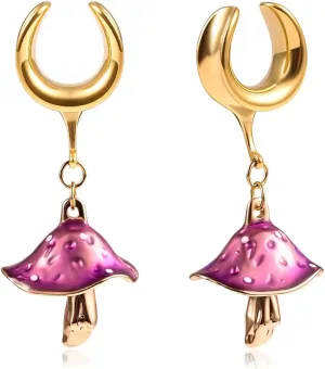 DOEARKO 2PCS Cool Stainless Steel Fashion Purple Mushroom Dangles Ear Tunnels Plug Hangers Ear Gauges Ear Stretcher Body Jewelry