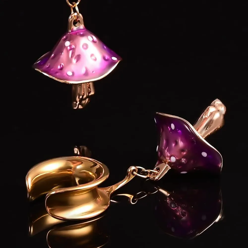 DOEARKO 2PCS Cool Stainless Steel Fashion Purple Mushroom Dangles Ear Tunnels Plug Hangers Ear Gauges Ear Stretcher Body Jewelry