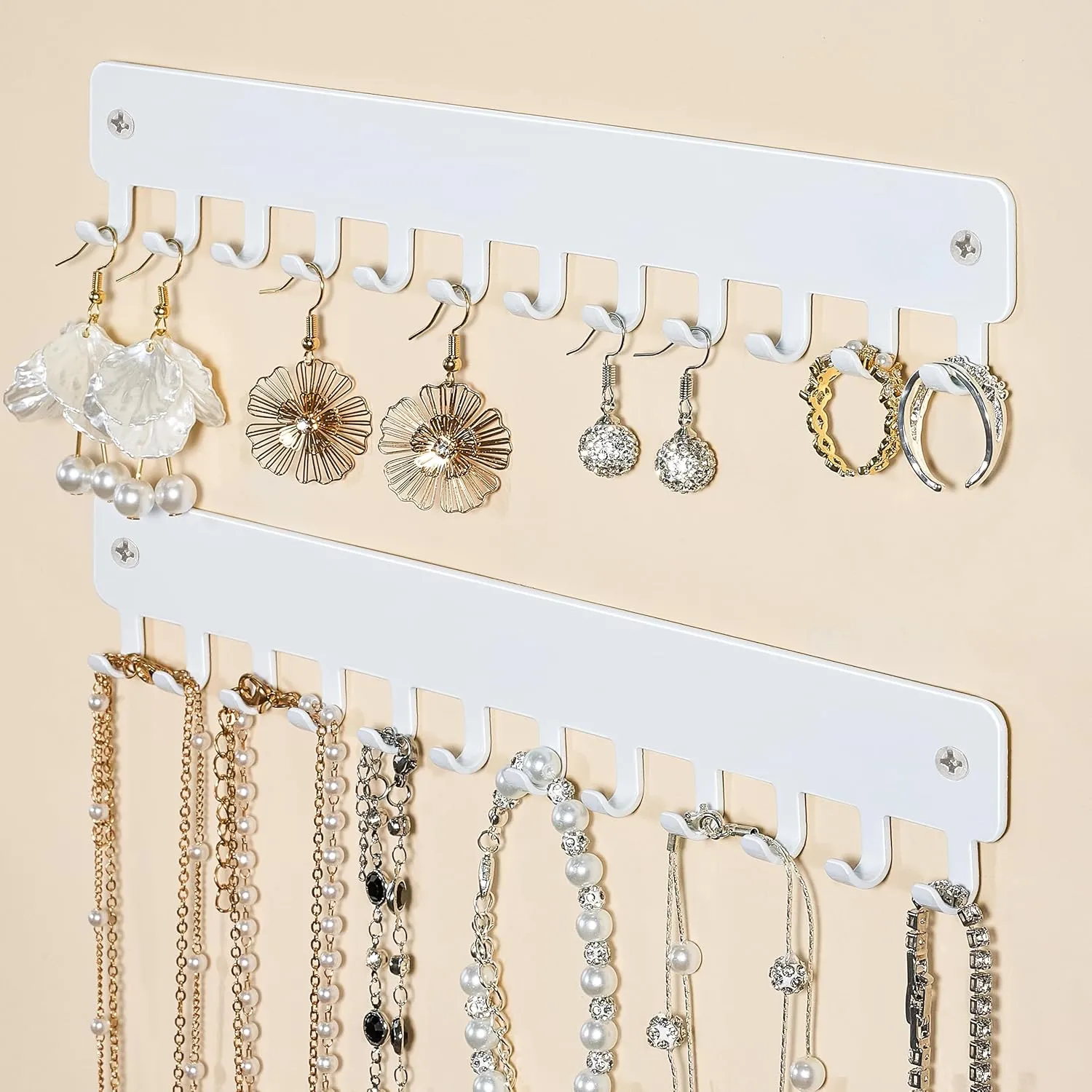 Drill-In Necklace Organizer: Sturdy Necklace Holder Wall Mounted with Hooks for Tangle-Free Jewelry Storage  Space-Saving Wall Necklace Hanger, White, 2 PCS