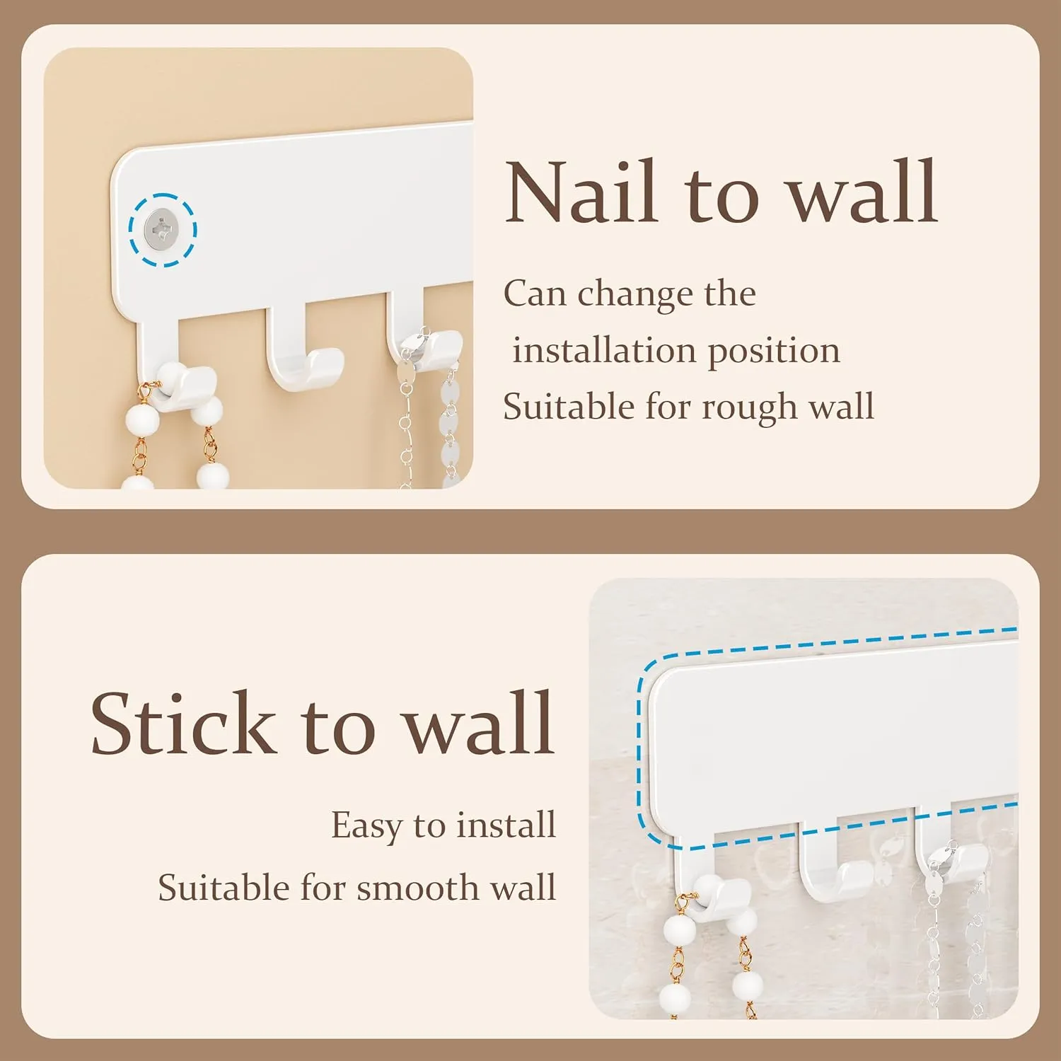Drill-In Necklace Organizer: Sturdy Necklace Holder Wall Mounted with Hooks for Tangle-Free Jewelry Storage  Space-Saving Wall Necklace Hanger, White, 2 PCS