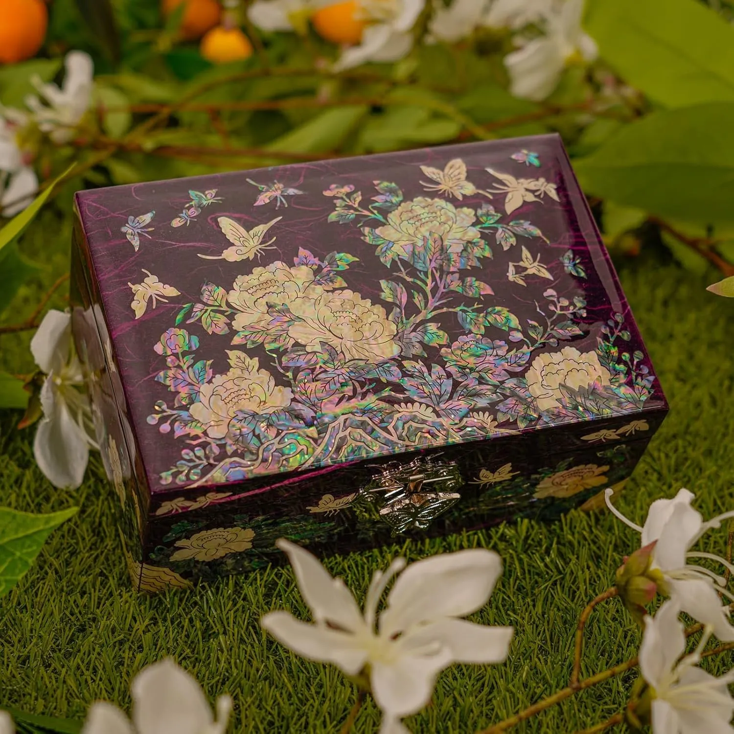 February Mountain Mother of Pearl Jewelry Organizer Box - Mothers day gifts Handmade Jewelry Box Gifts for mom from daughter Flower and butterfly design