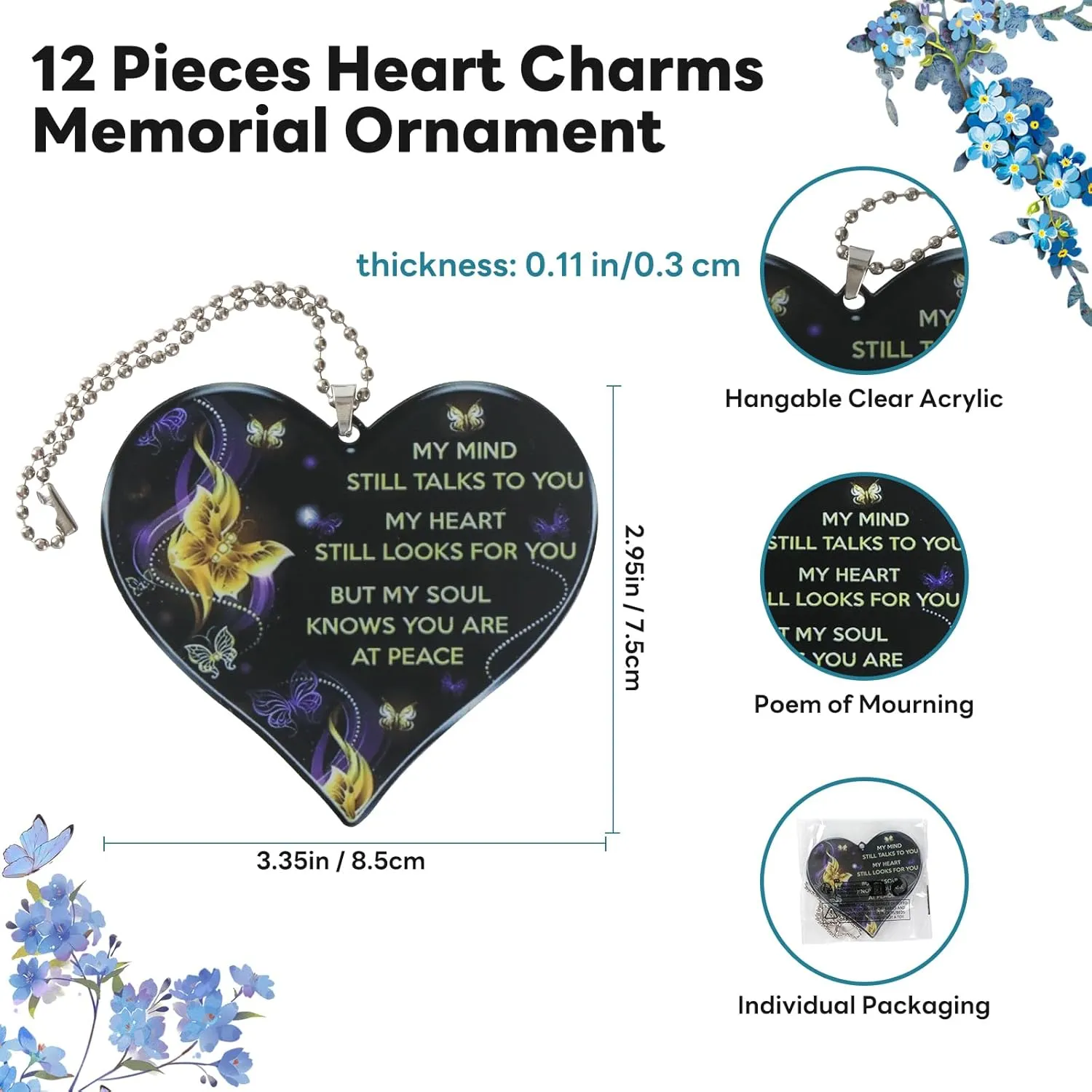 Funeral Favors 50 Sets for Guests, Heart Charms | Memorial Prayer Cards for Celebration of Life Favors, Funeral Keepsakes for a Memorial Service, Bulk Ideas Sympathy Gifts Funeral Products