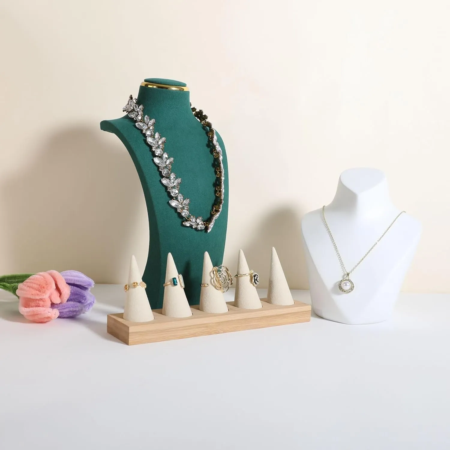 GemeShou Green necklace display stands for selling, Velvet necklace storage organizer, Necklace mannequin jewelry bust holder for boutique storeGreen-Medium height 10.2 inch