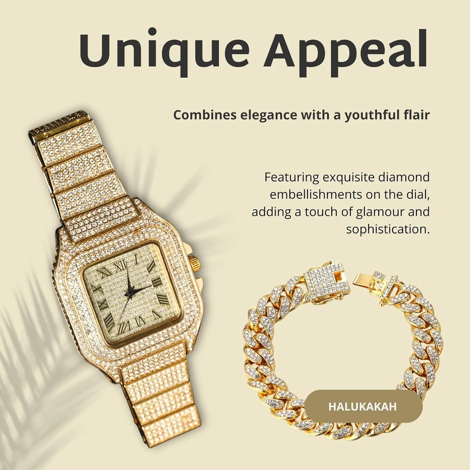 Halukakah Diamonds Watch Iced Out for Boy Teens Kids - 18K Real Gold/Platinum/Rhodium Black Plated,40mm Square Dial,Japanese Quartz - 8" Length - Optional with Cuban Link Chain,with Adjuster Tool