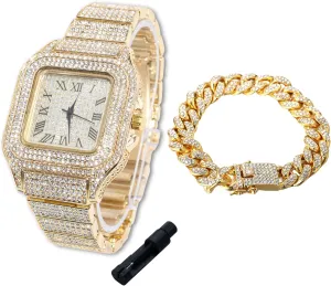 Halukakah Diamonds Watch Iced Out for Boy Teens Kids - 18K Real Gold/Platinum/Rhodium Black Plated,40mm Square Dial,Japanese Quartz - 8" Length - Optional with Cuban Link Chain,with Adjuster Tool