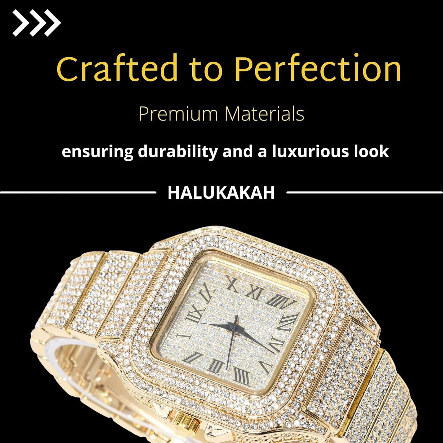 Halukakah Diamonds Watch Iced Out for Boy Teens Kids - 18K Real Gold/Platinum/Rhodium Black Plated,40mm Square Dial,Japanese Quartz - 8" Length - Optional with Cuban Link Chain,with Adjuster Tool