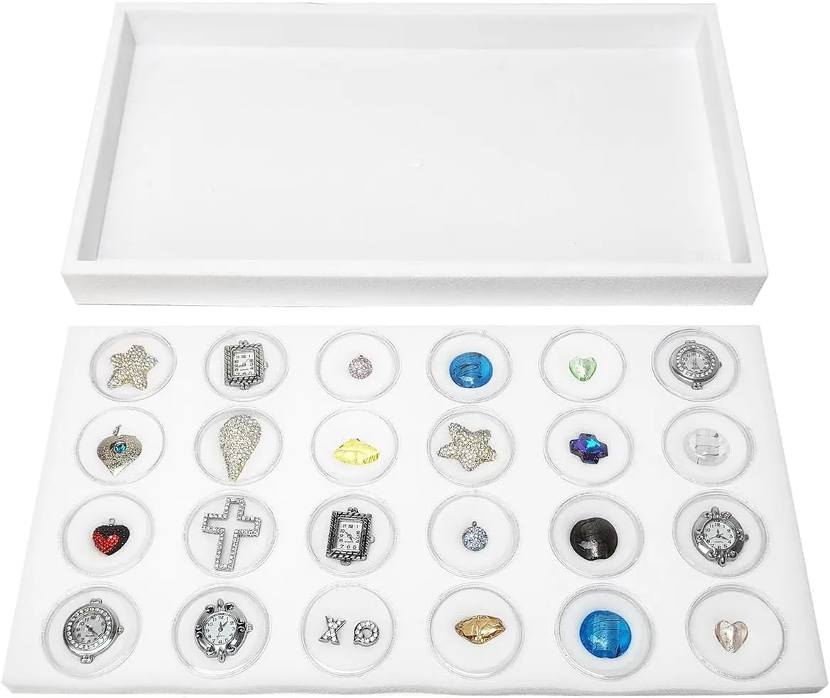 Ikee Design 24 Gem Showcase Stackable Jewelry Display Tray for Collectibles, Rock Storage Box Gemstones Bead Storage Jars, White Foam, White Tray, 14 7/8W x 8 3/8D x 1H in