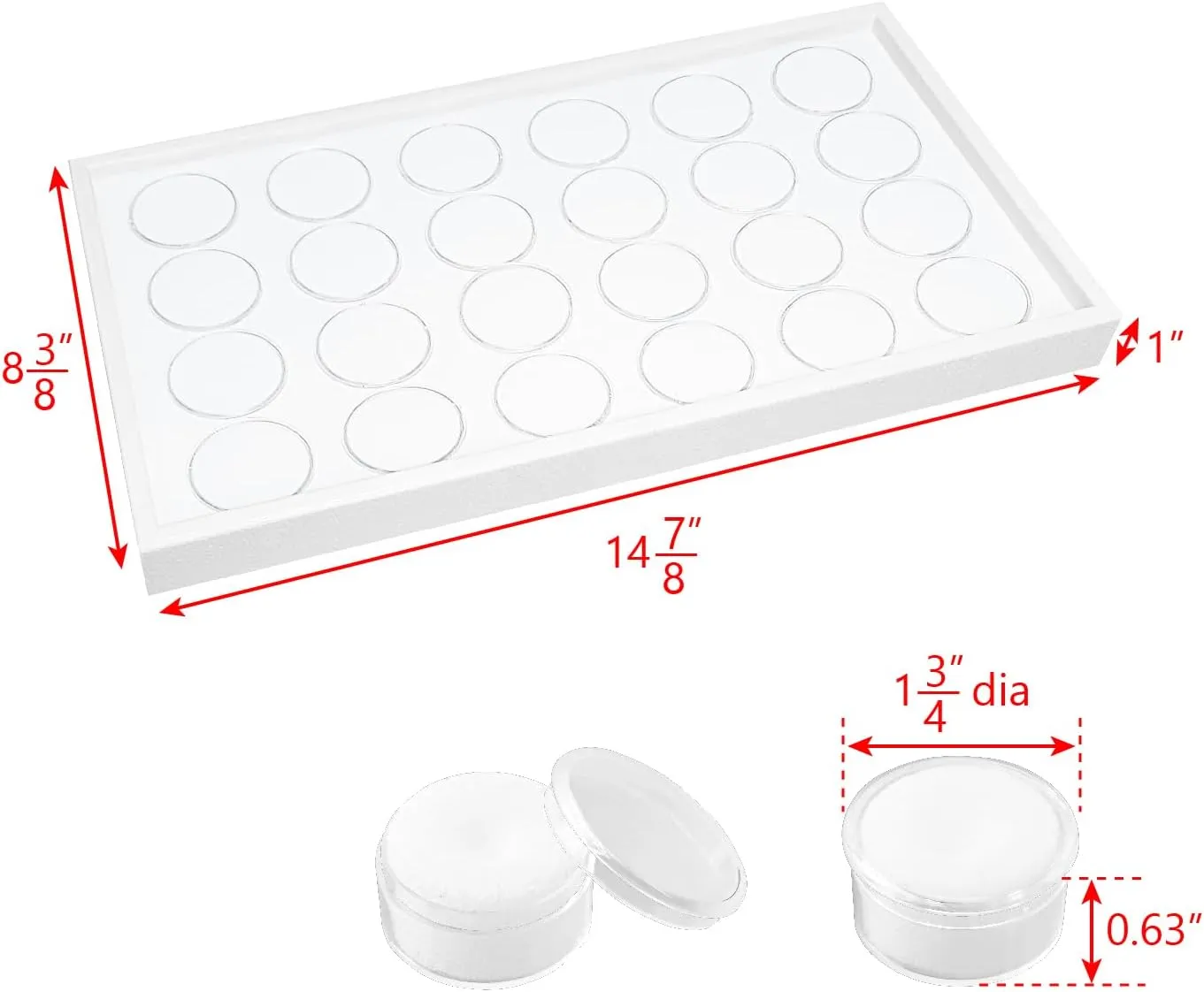 Ikee Design 24 Gem Showcase Stackable Jewelry Display Tray for Collectibles, Rock Storage Box Gemstones Bead Storage Jars, White Foam, White Tray, 14 7/8W x 8 3/8D x 1H in