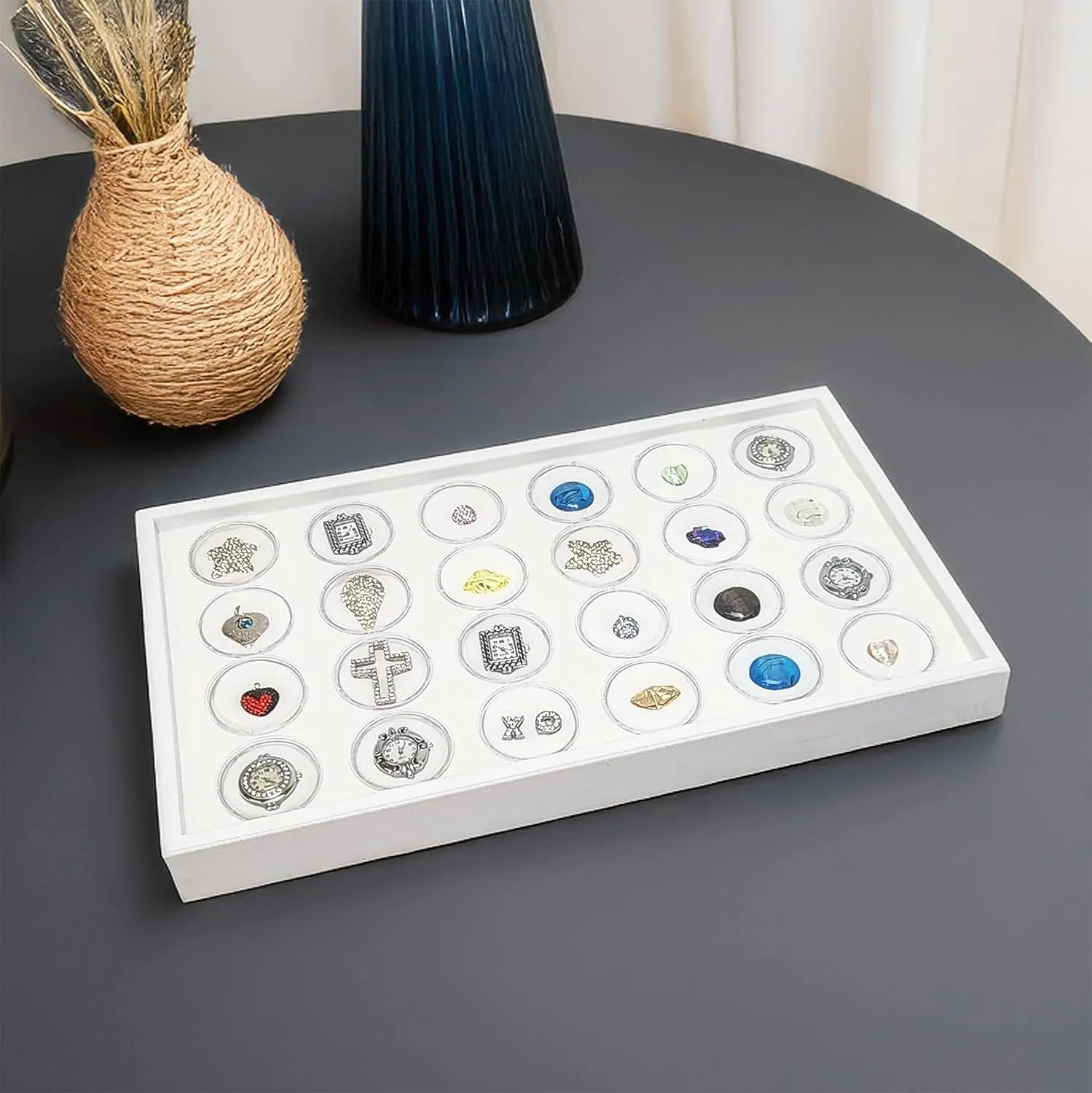 Ikee Design 24 Gem Showcase Stackable Jewelry Display Tray for Collectibles, Rock Storage Box Gemstones Bead Storage Jars, White Foam, White Tray, 14 7/8W x 8 3/8D x 1H in