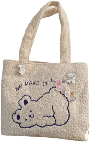 Kawaii Fluffy Handbag Cute Bear Pins Accessories Tote Bag Girl Teen Women Fuzzy Sherpa Plush Shoulder Bag Shopping Bag (ABeige)