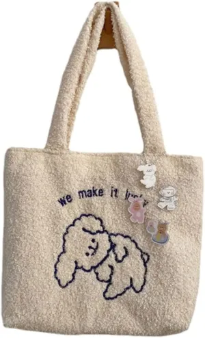 Kawaii Fluffy Handbag Cute Bear Pins Accessories Tote Bag Girl Teen Women Fuzzy Sherpa Plush Shoulder Bag Shopping Bag (BBeige)