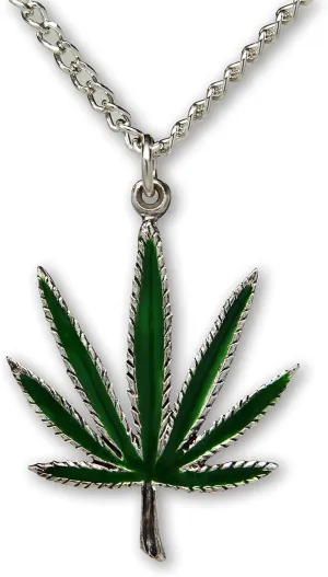 Marijuana Weed Pot Leaf Green Enamel on Silver Finish Pewter Pendant Necklace