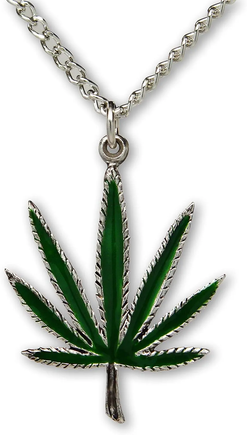 Marijuana Weed Pot Leaf Green Enamel on Silver Finish Pewter Pendant Necklace