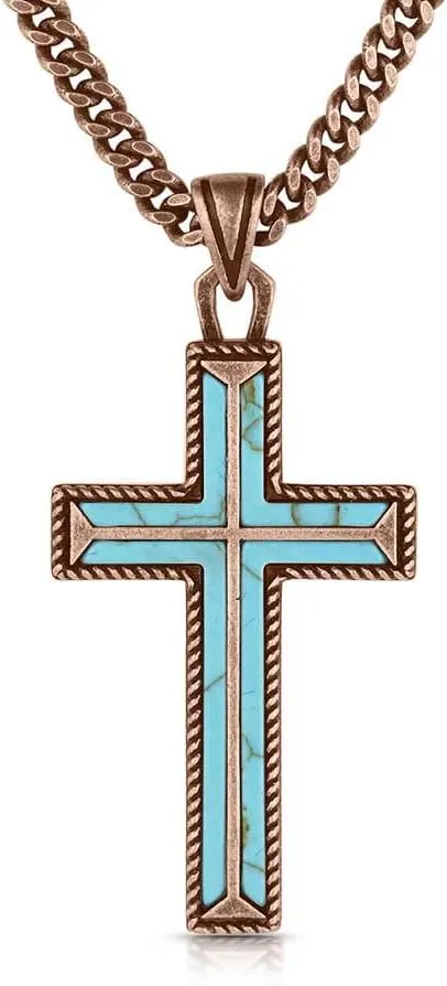 Montana Silversmiths Eternal Life Crafted Turquoise Rope Border Cross Pendant 25 Inch Split Chain Necklace
