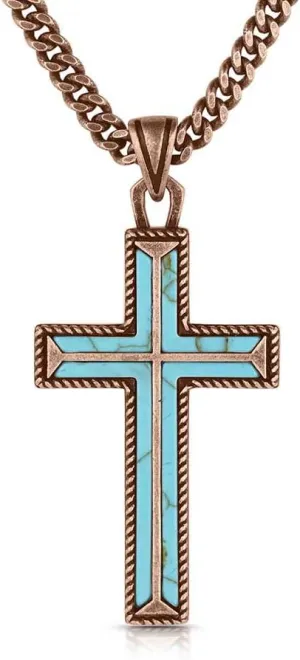 Montana Silversmiths Eternal Life Crafted Turquoise Rope Border Cross Pendant 25 Inch Split Chain Necklace