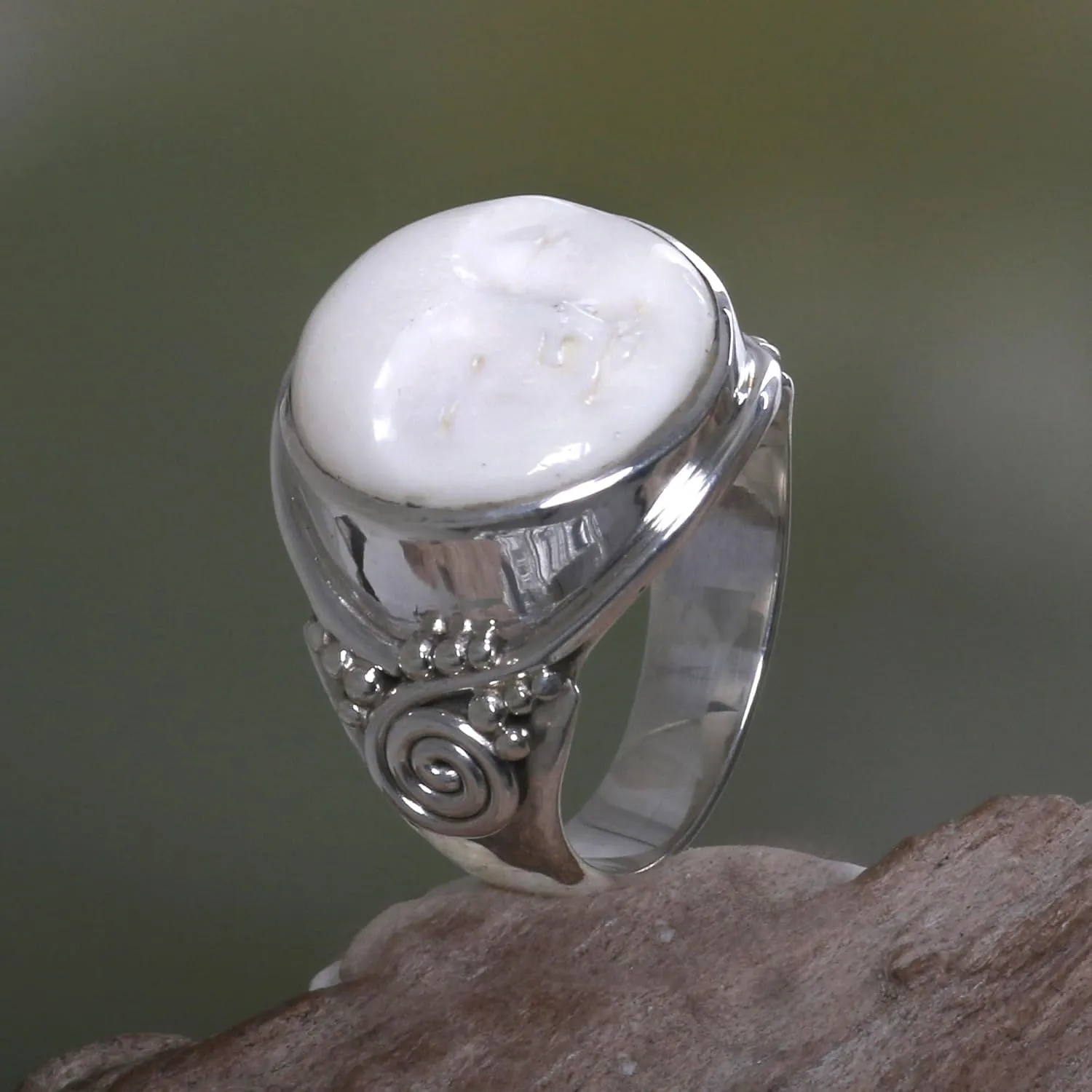 NOVICA Artisan Handmade Bone Ring Crafted .925 Sterling Silver Cocktail Indonesia 'Face of The Moon'